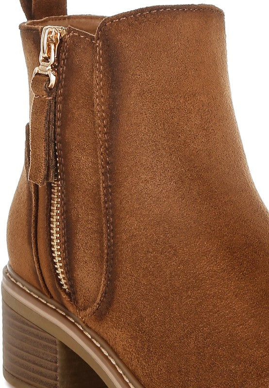 Brown zipper boot detail: gold-toned zipper and stitched microfiber upper
