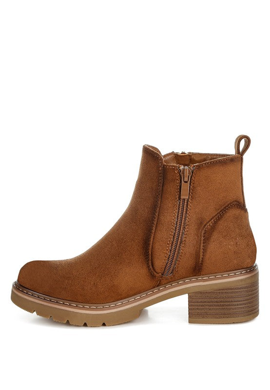 Brown suede-look ankle boot with side zipper, chunky sole and block heel