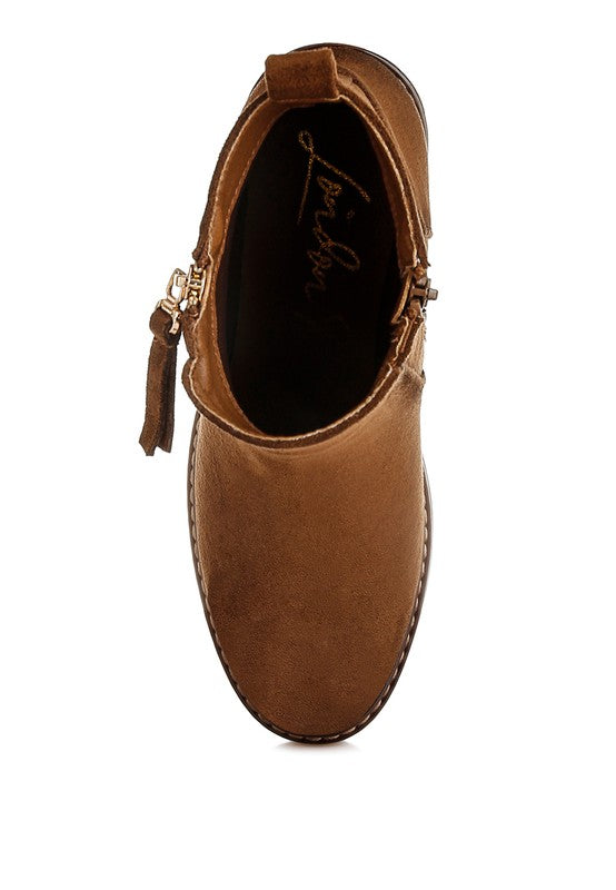 Brown microfiber zipper boot opening and inner lining, with gold-toned hardware
