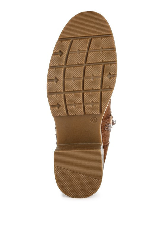 Brown boot outsole with textured tread pattern and size marking on heel
