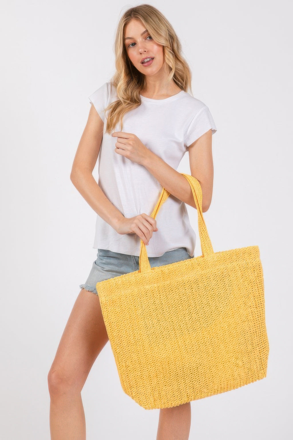 Solid crochet straw bag, yellow tote with long handles