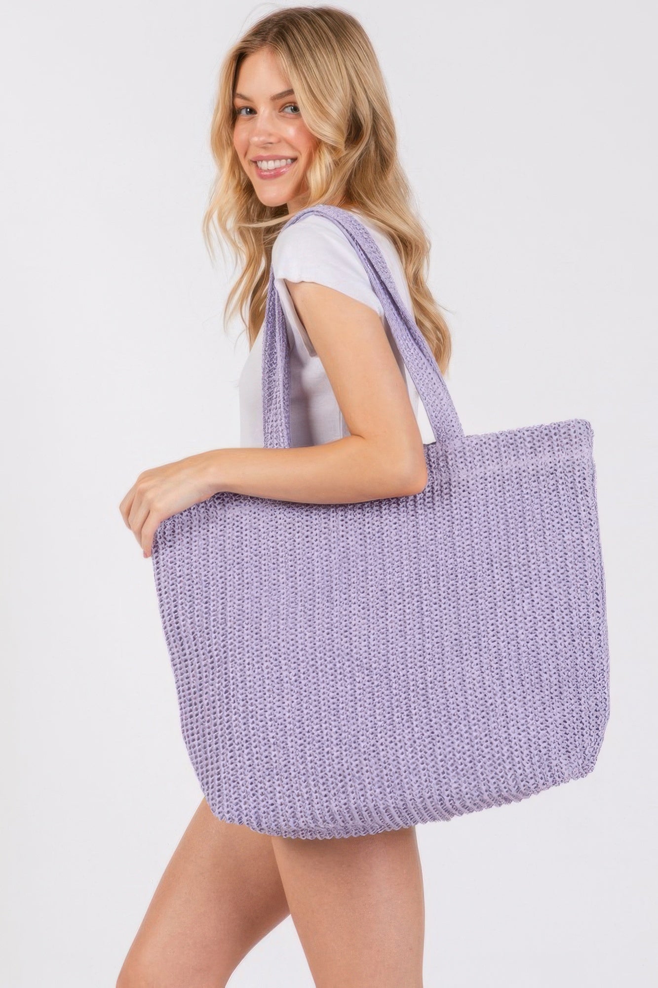 Solid crochet straw bag, lavender tote with wide handles