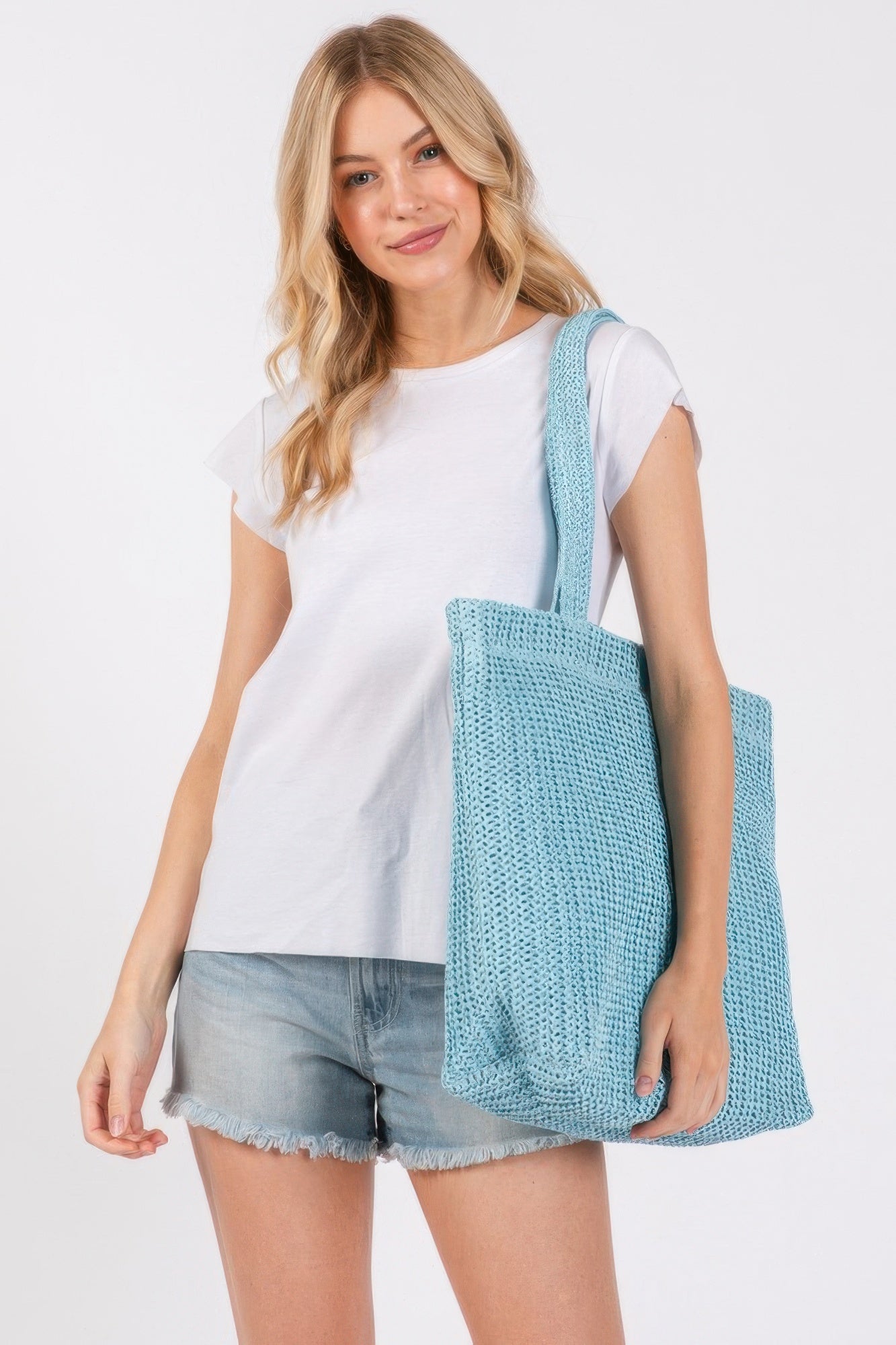 Solid crochet straw bag, light blue tote with long handles