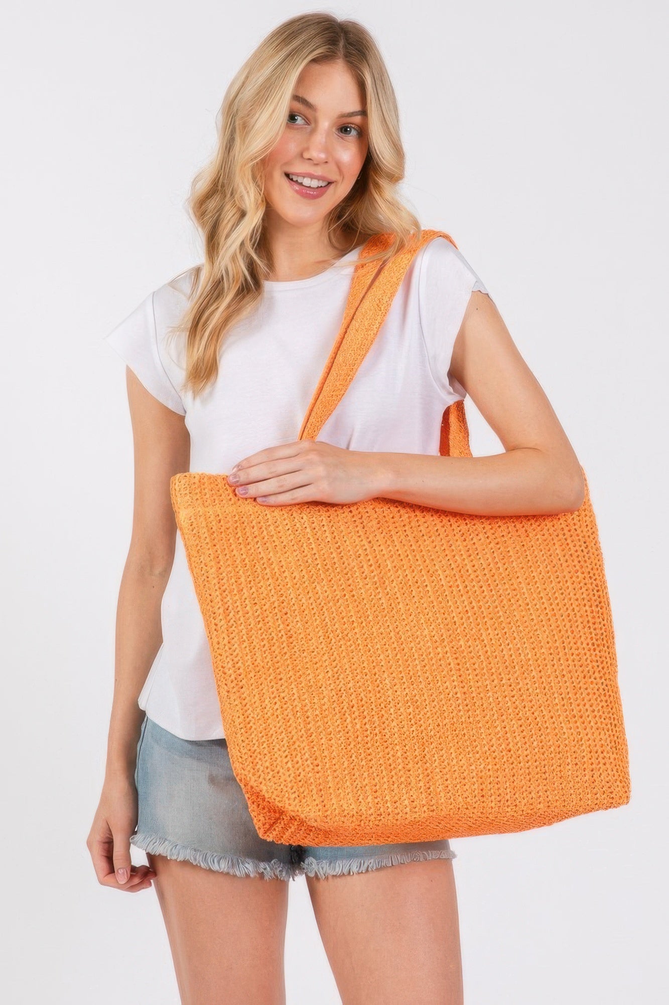 Solid crochet straw bag, orange tote with long shoulder straps