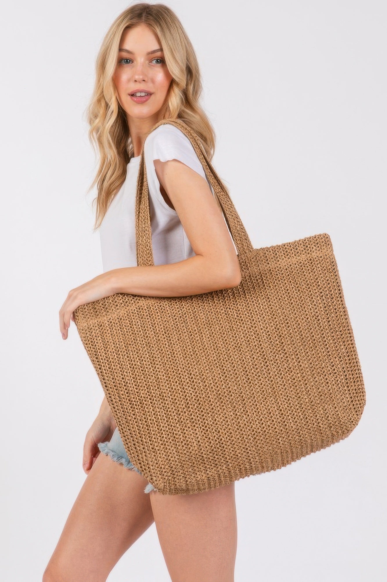Solid crochet straw bag, tan tote with long woven handles