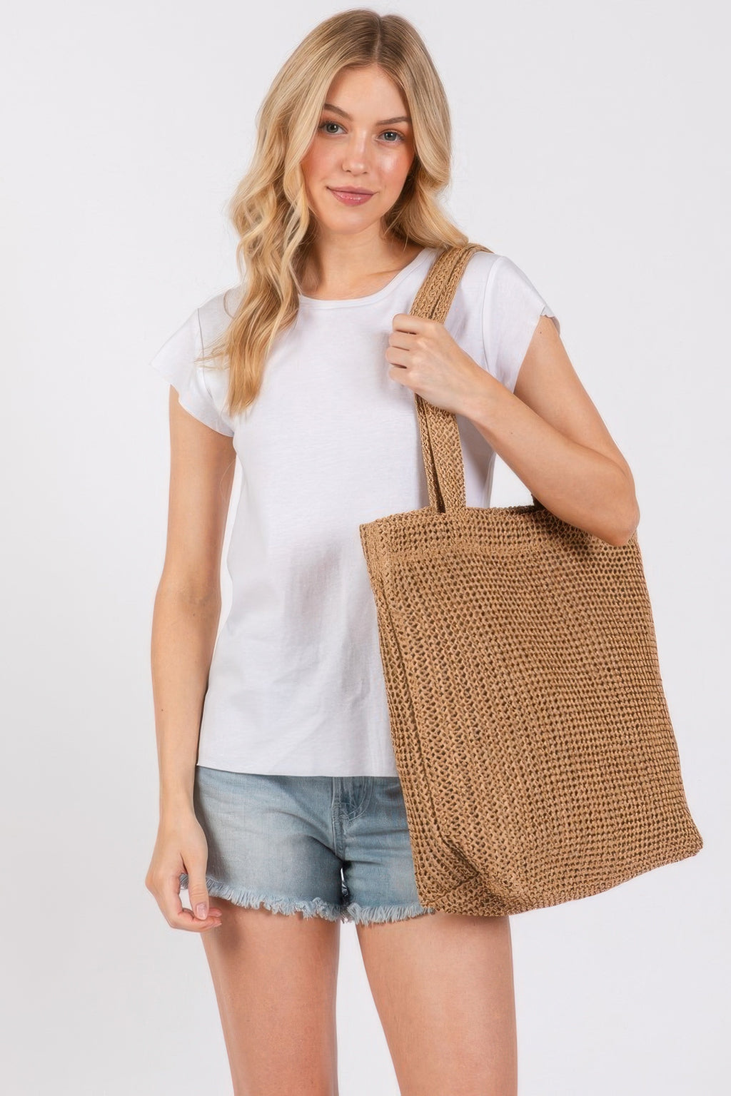 Solid crochet straw bag, brown tote with long handles