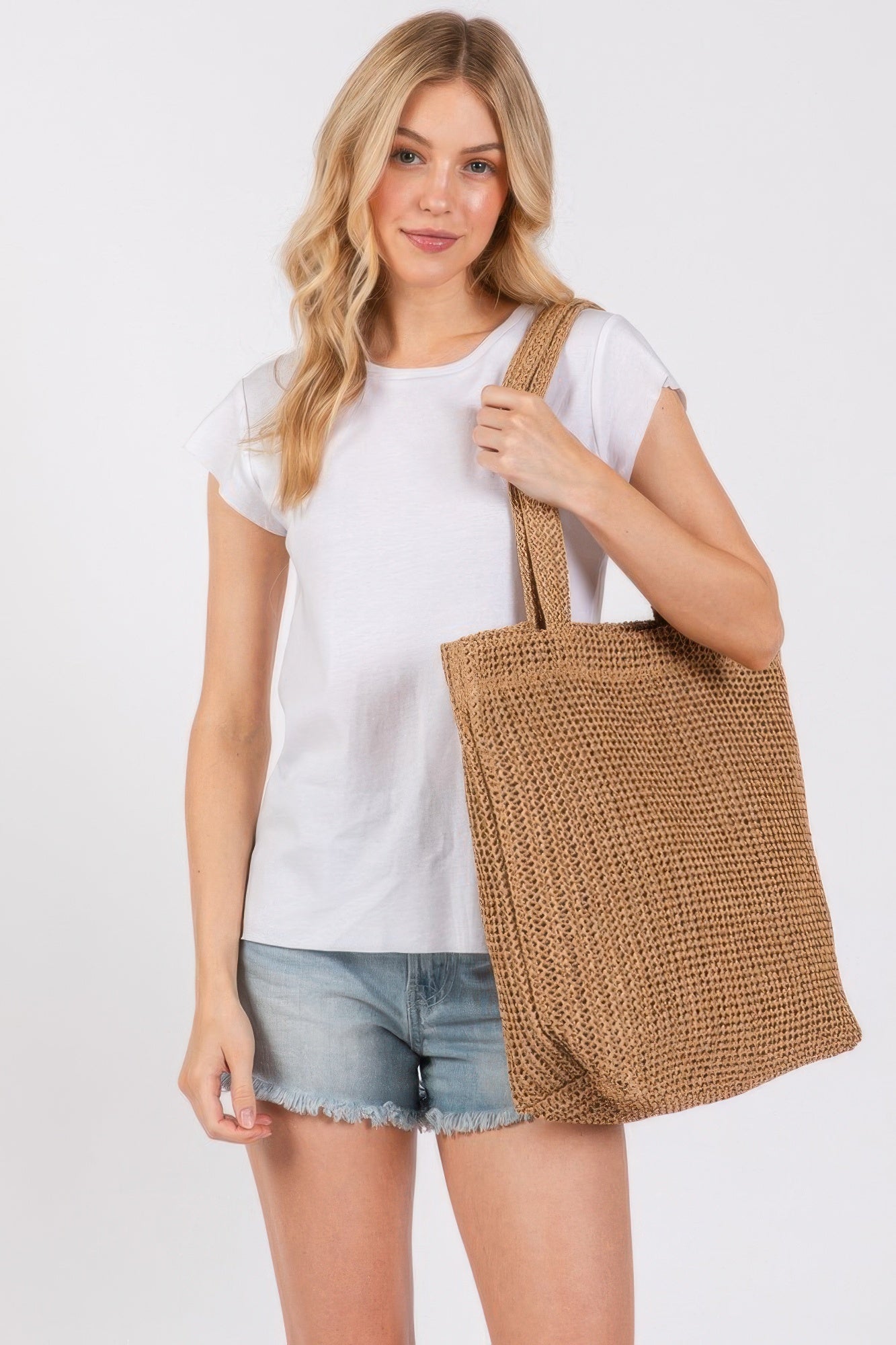 Solid crochet straw bag, brown tote with long handles
