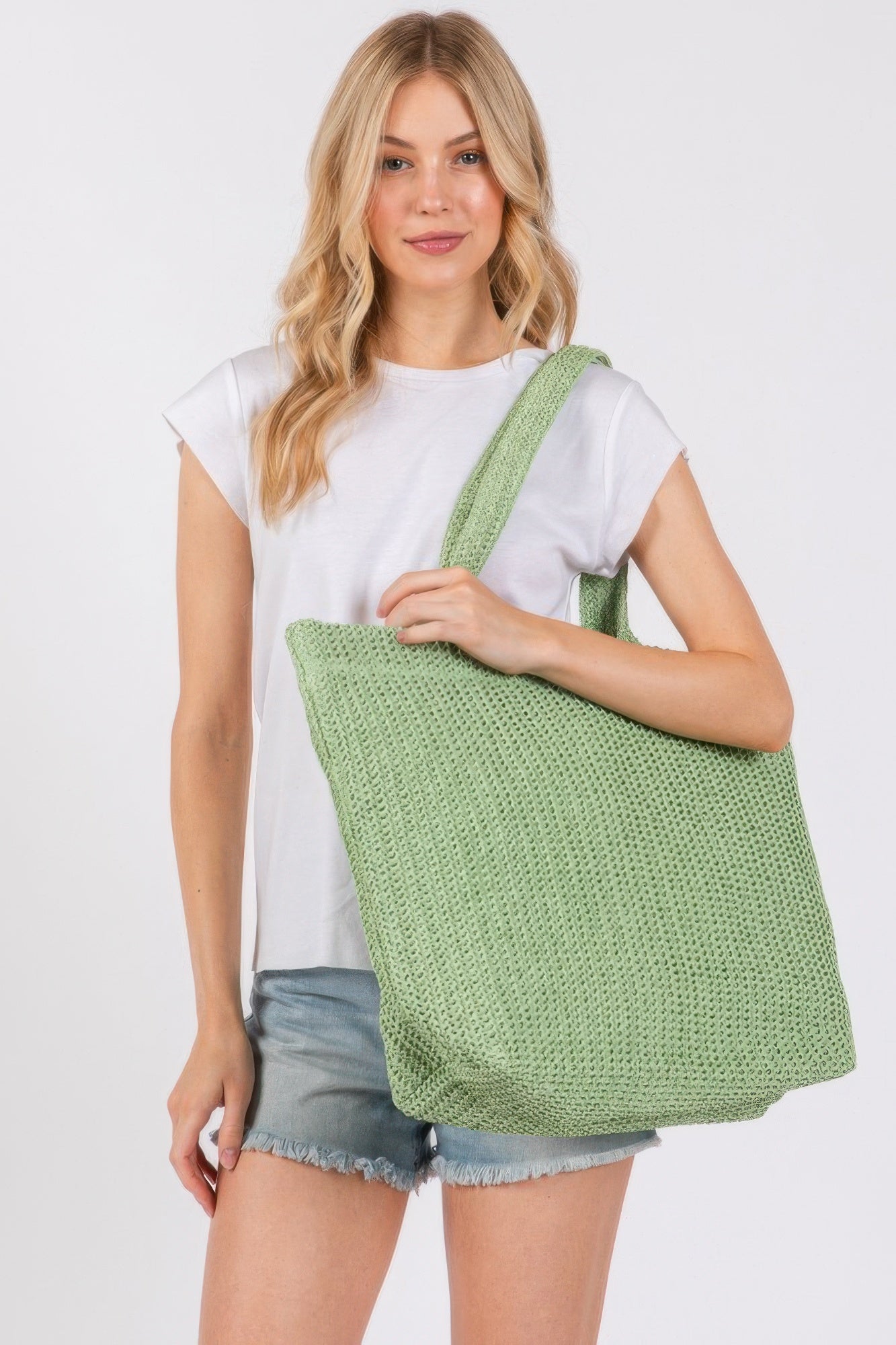Solid crochet straw bag, light green tote with wide shoulder straps