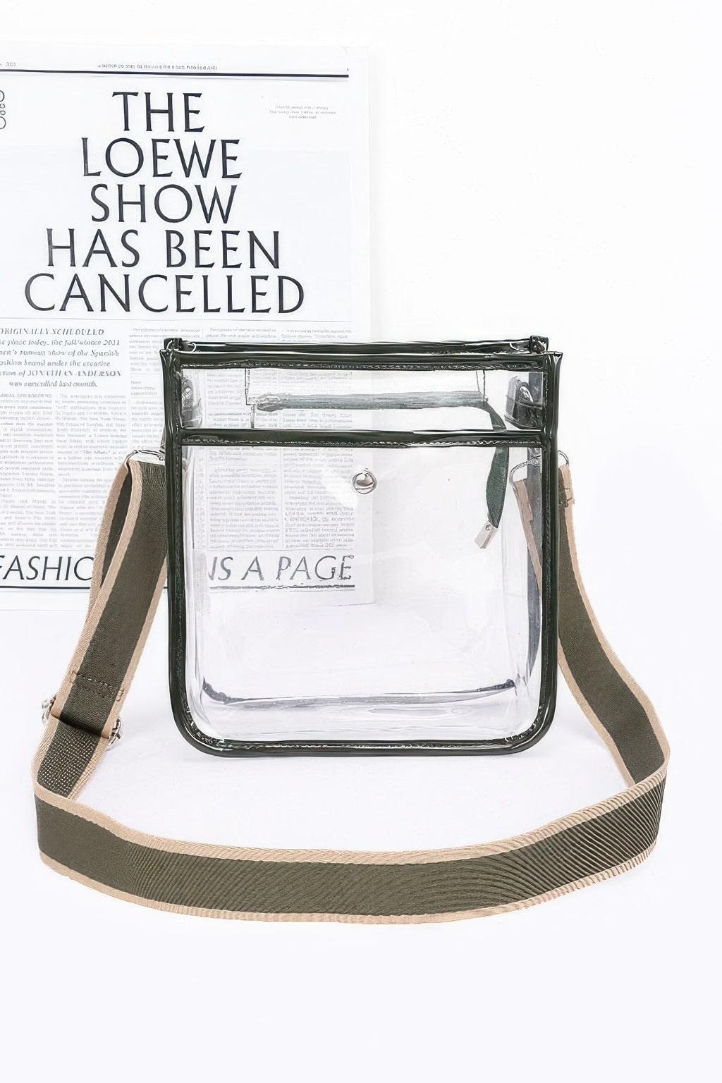 Bolsa escolar transparente con asa y correa, borde negro y correa verde oscura