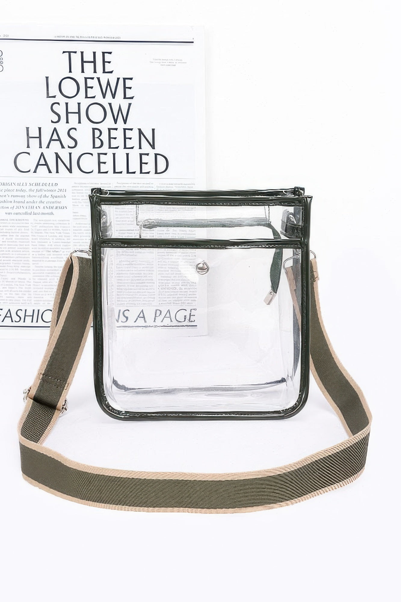 Bolsa escolar transparente con asa y correa, borde negro y correa verde oscura