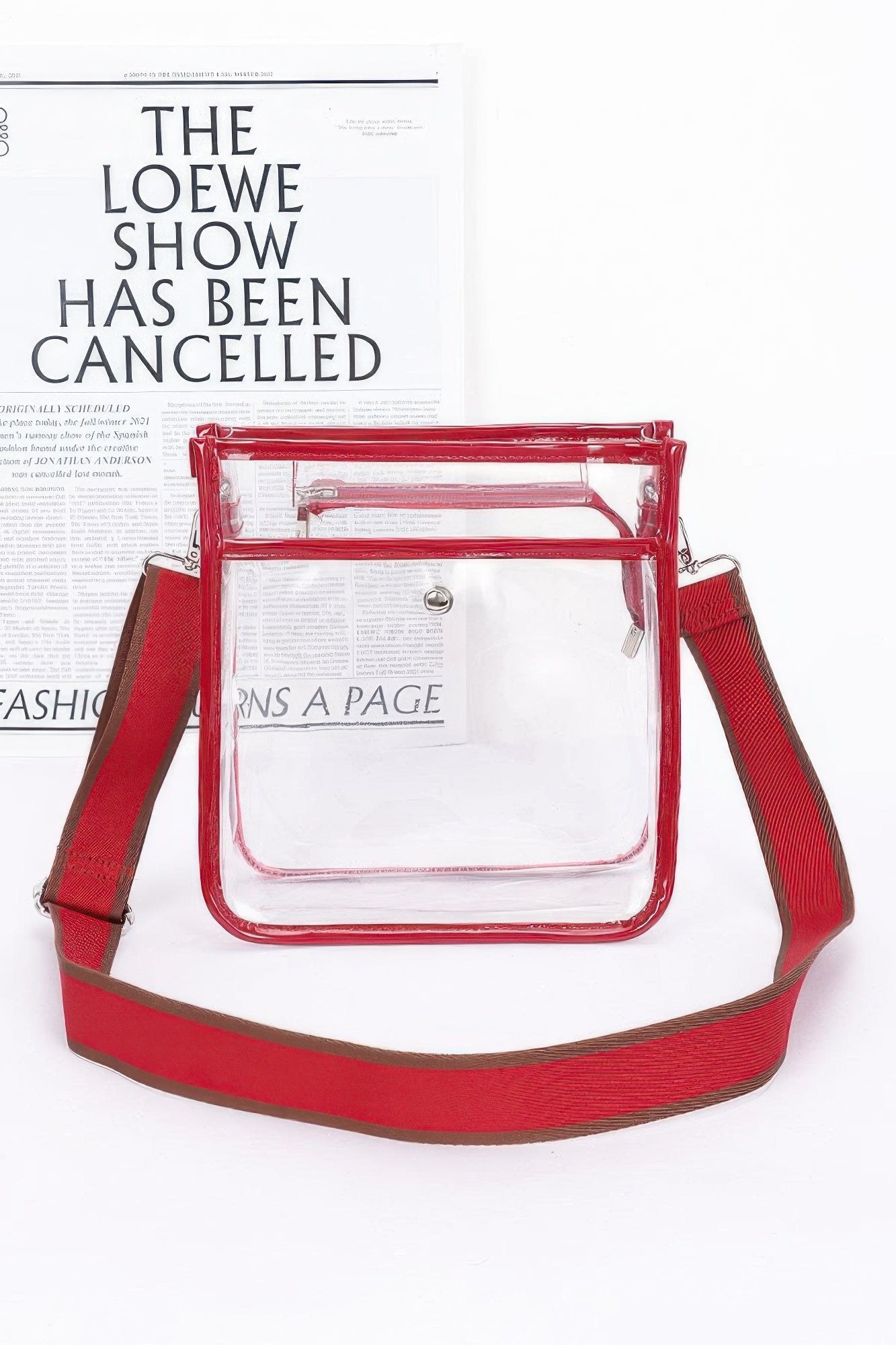 Bolsa escolar transparente con correa larga, borde rojo y strap a juego