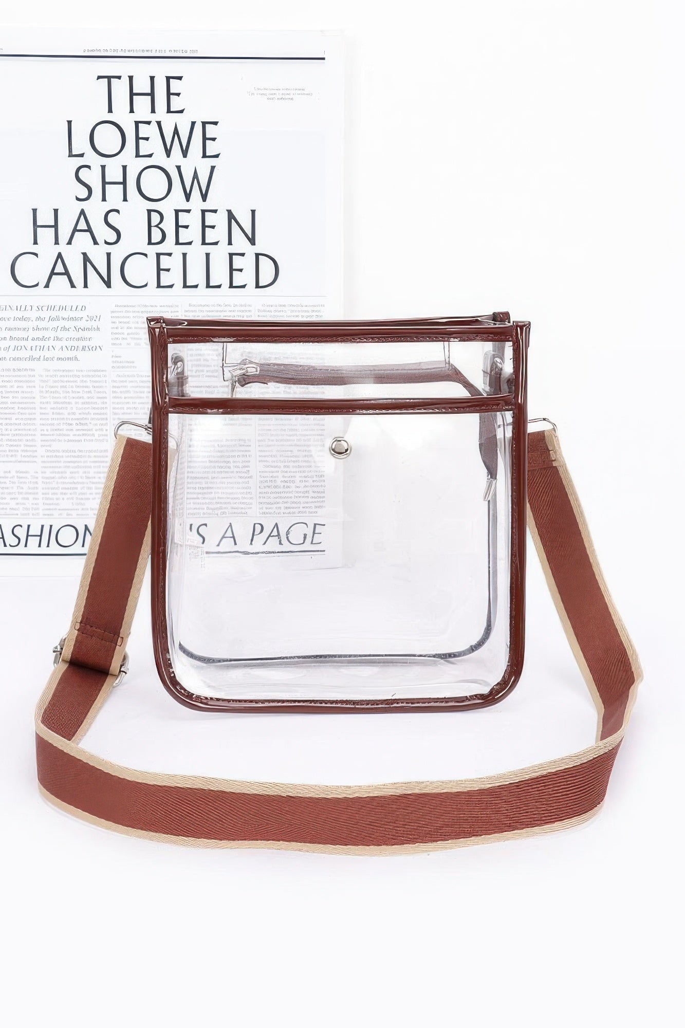 Bolsa escolar transparente con correa larga, borde marrón y strap a juego