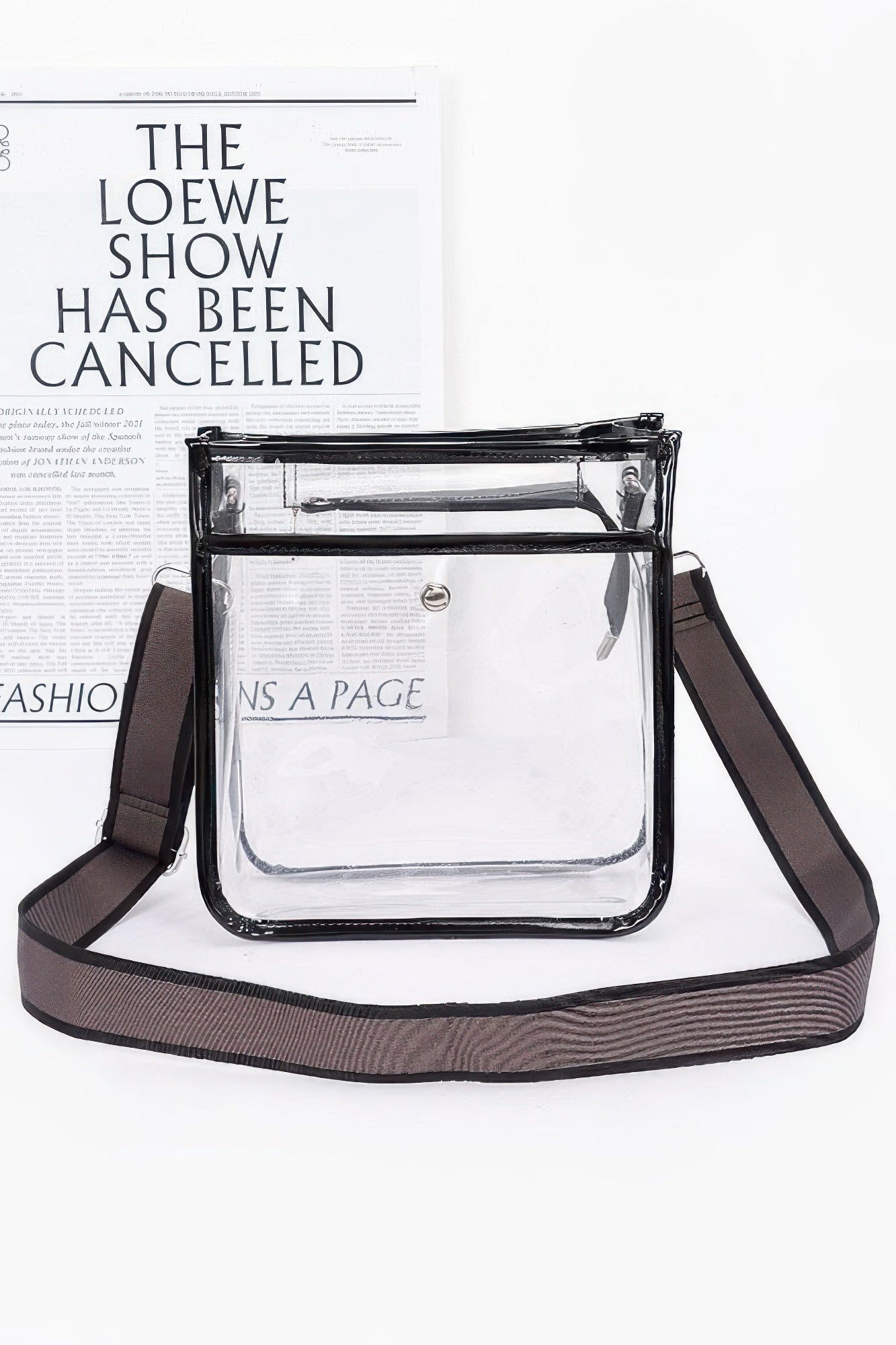 Bolsa escolar transparente con correa ancha, borde negro y correa marrón oscuro