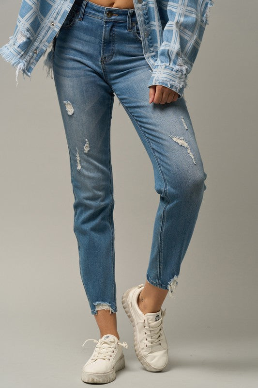 Trim Raw Hem Girlfriend Jeans - Tigbul's Variety Fashion Shop