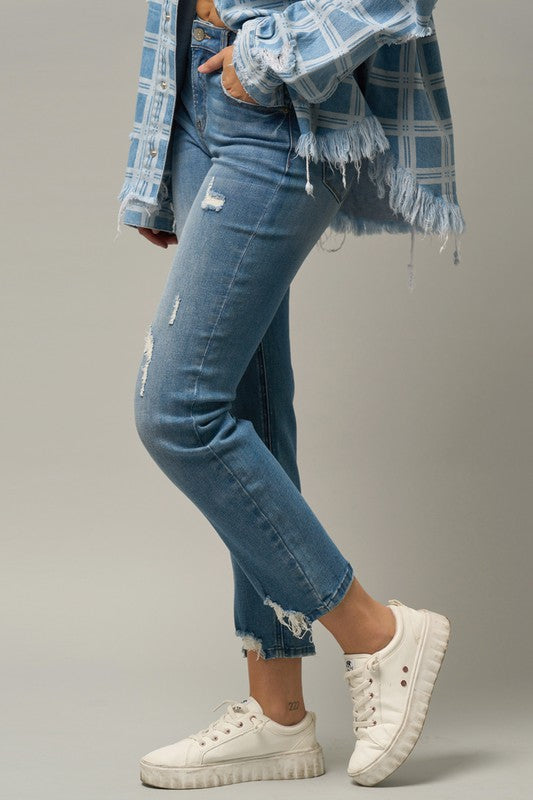 Trim Raw Hem Girlfriend Jeans - Tigbul's Variety Fashion Shop