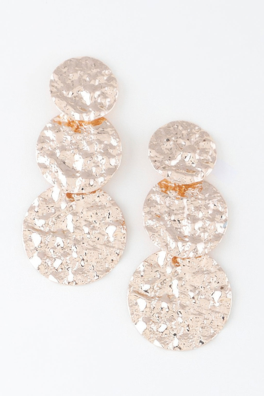 Triple hammered disc drop earrings, gold-tone, three stacked textured discs