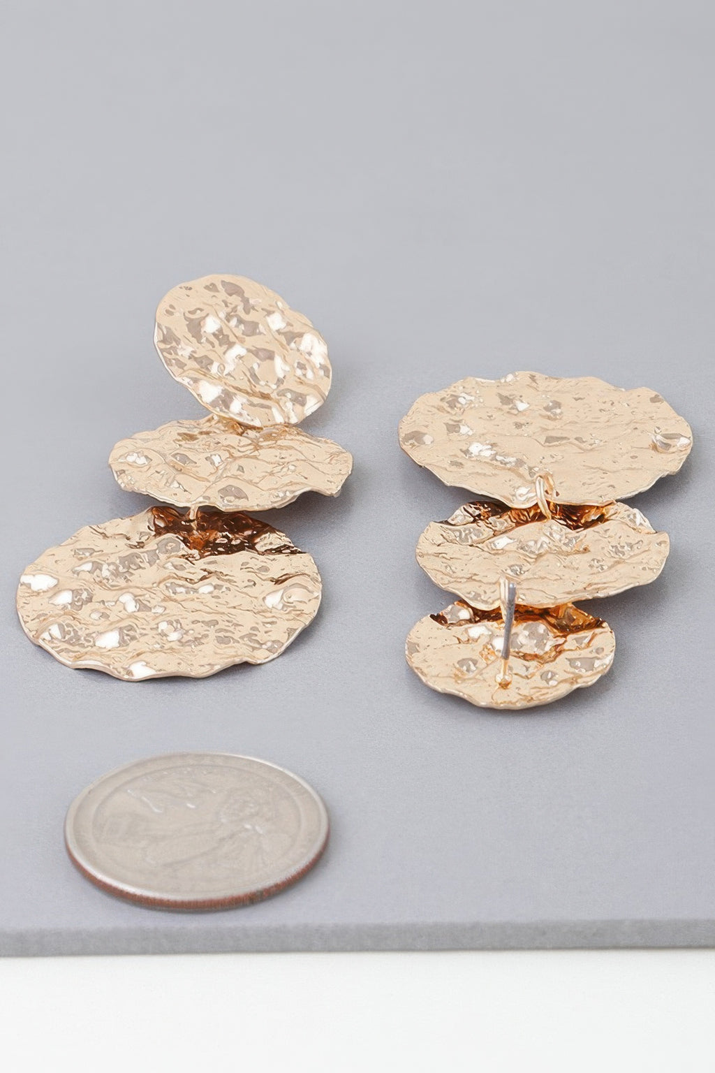 Gold triple hammered disc drop earrings, two-tone metal tone with textured finish