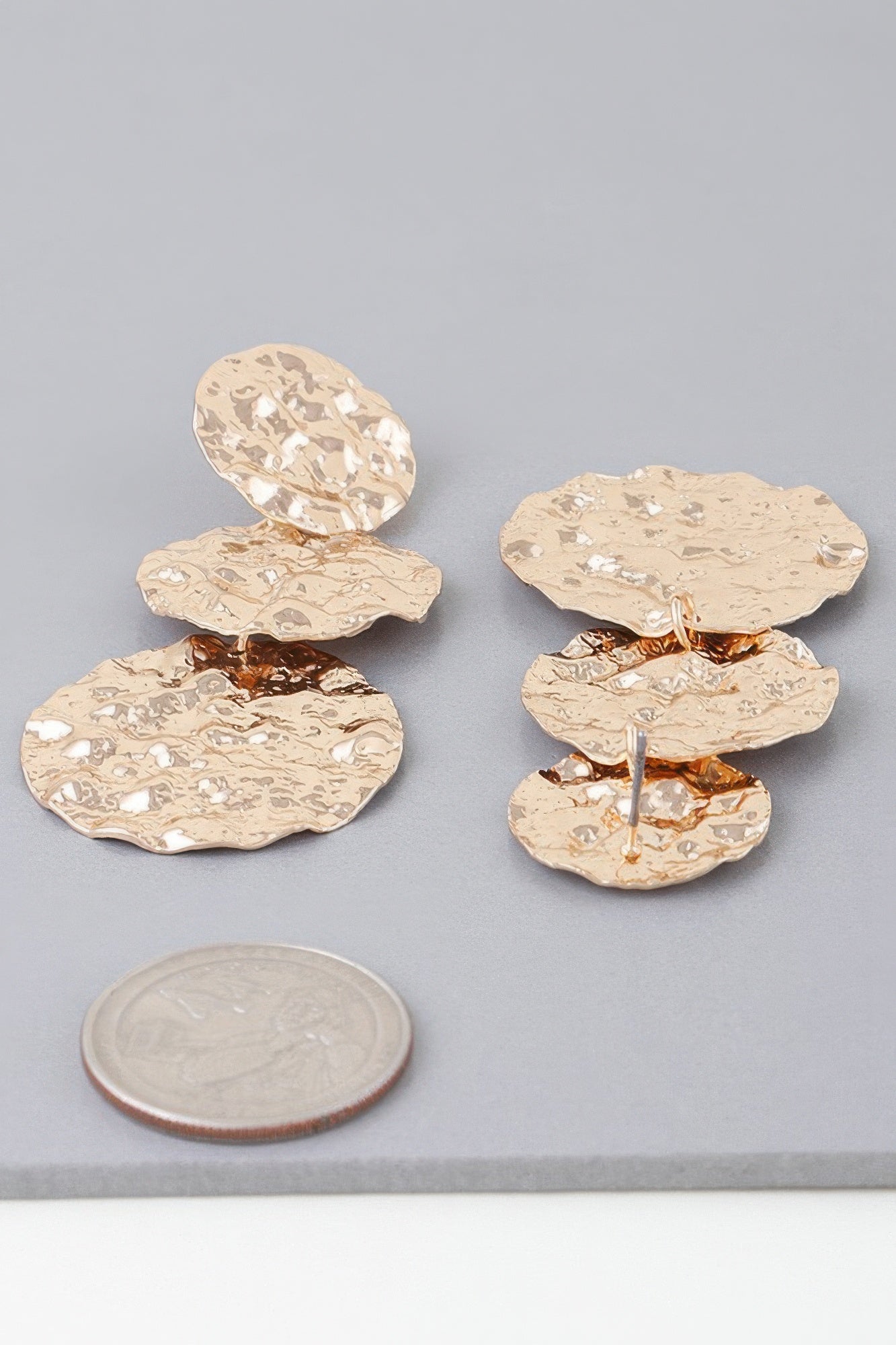 Gold triple hammered disc drop earrings, two-tone metal tone with textured finish
