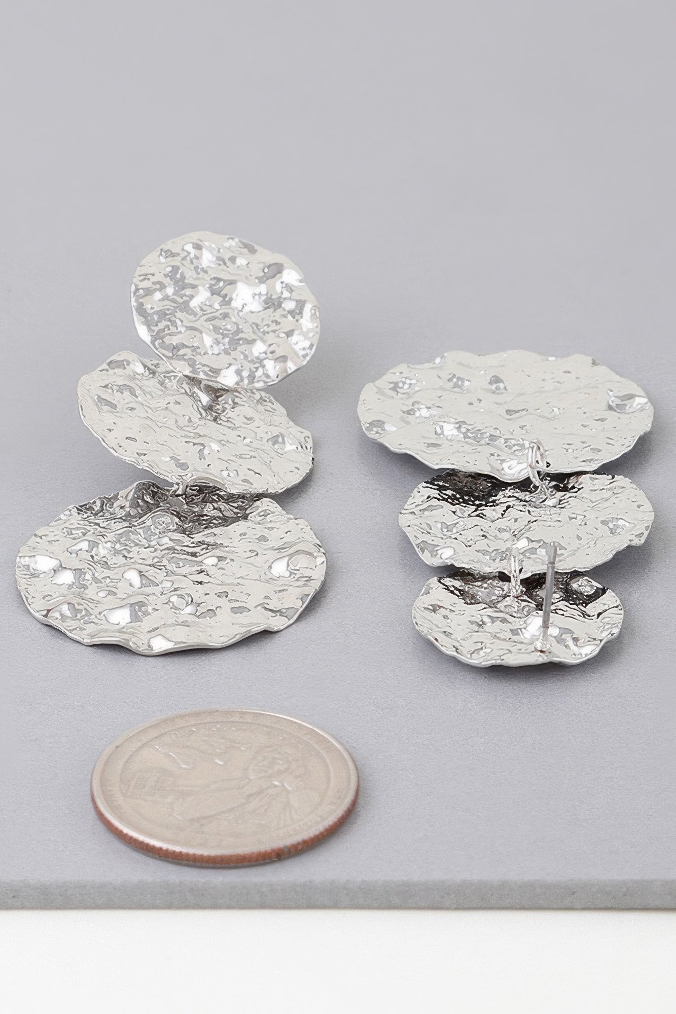 Triple hammered disc drop earrings, silver-tone, three layered textured discs