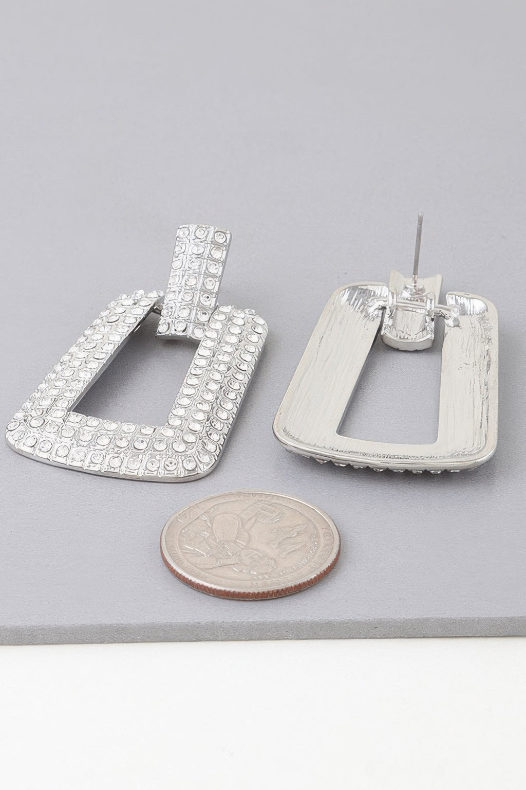 Triple rhinestone frame drop earrings, silver-tone with clear stones
