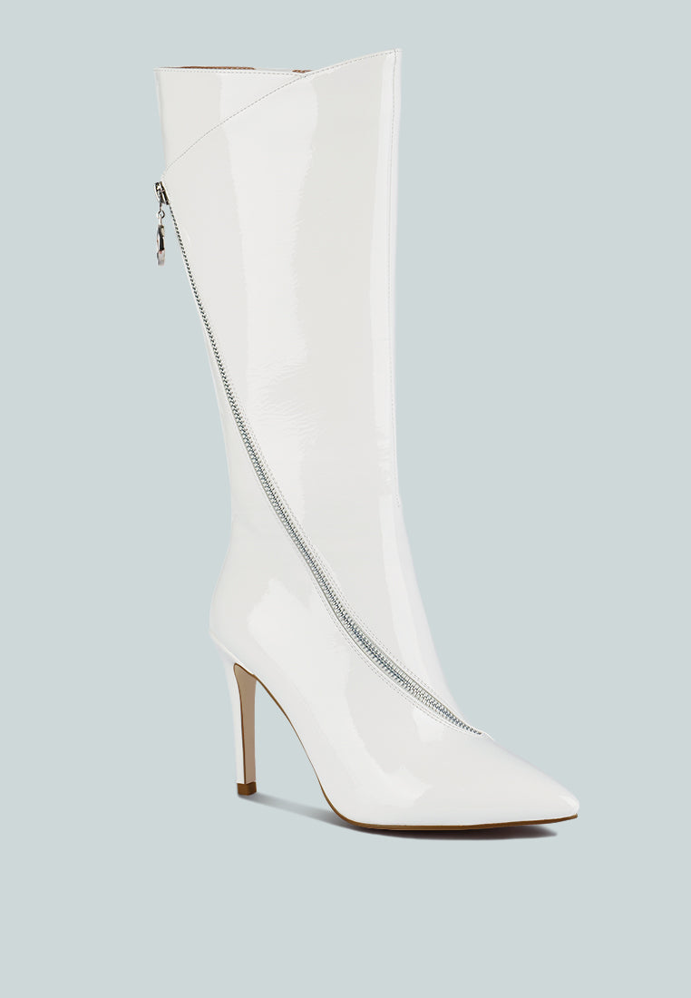 White patent pointed-toe zip-around calf boot with vertical zipper