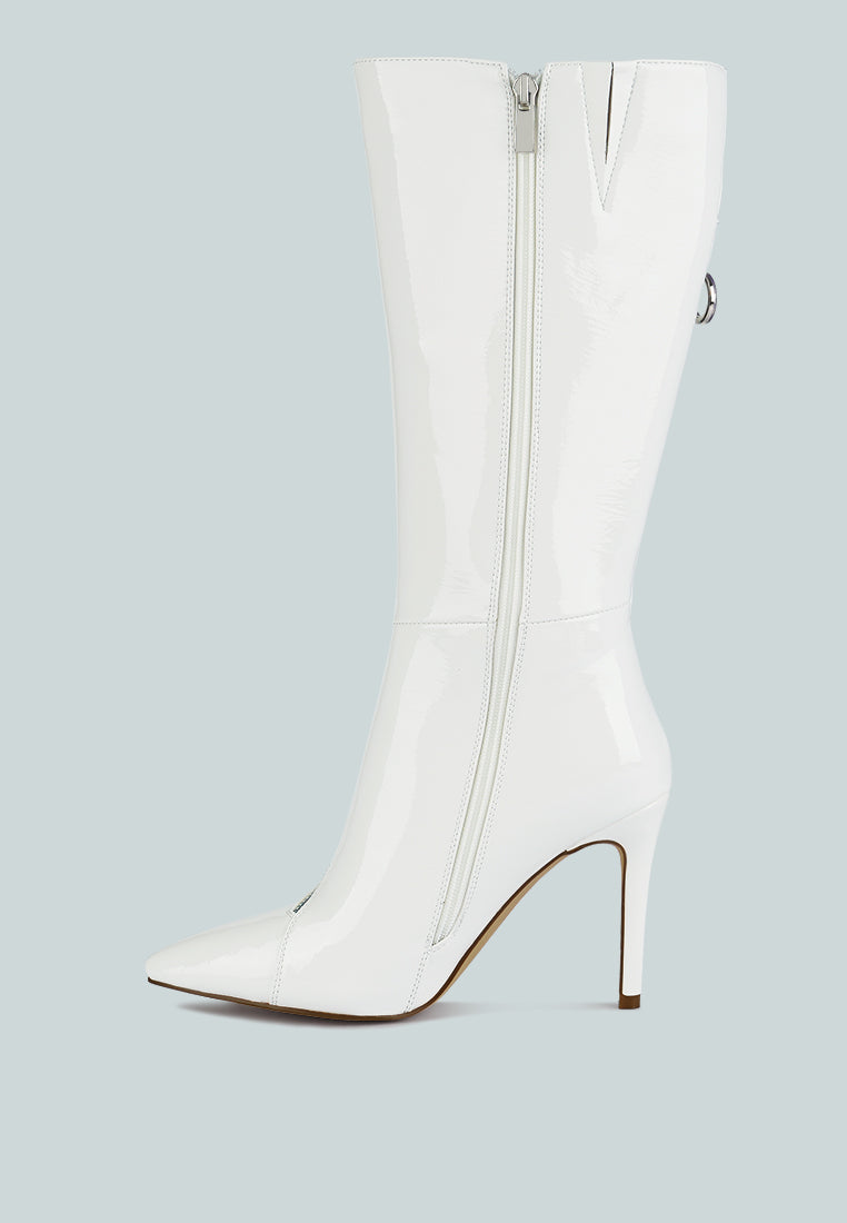 White patent zip-around calf boot, front view with tall shaft and slim heel