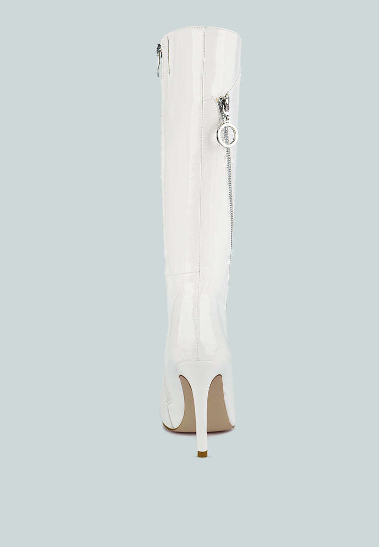 Tsaroh zip-around calf boot, white, back view with zipper hardware and heel