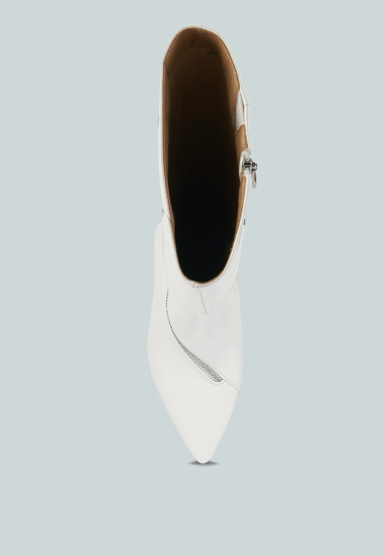 Tsaroh zip-around calf boot, white pointed toe, visible interior and side zipper
