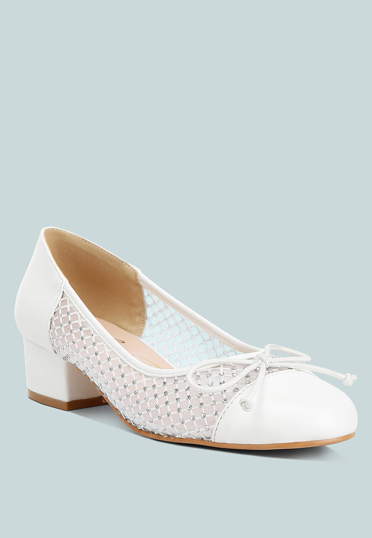 White ballerinas with rhinestone mesh upper, lace bow at toe, low block heel
