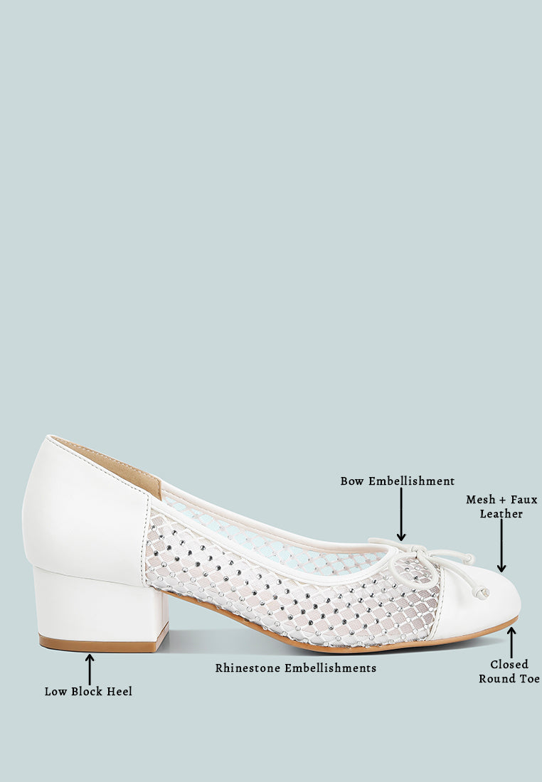White rhinestone mesh ballerina flats with low block heel, closed round toe