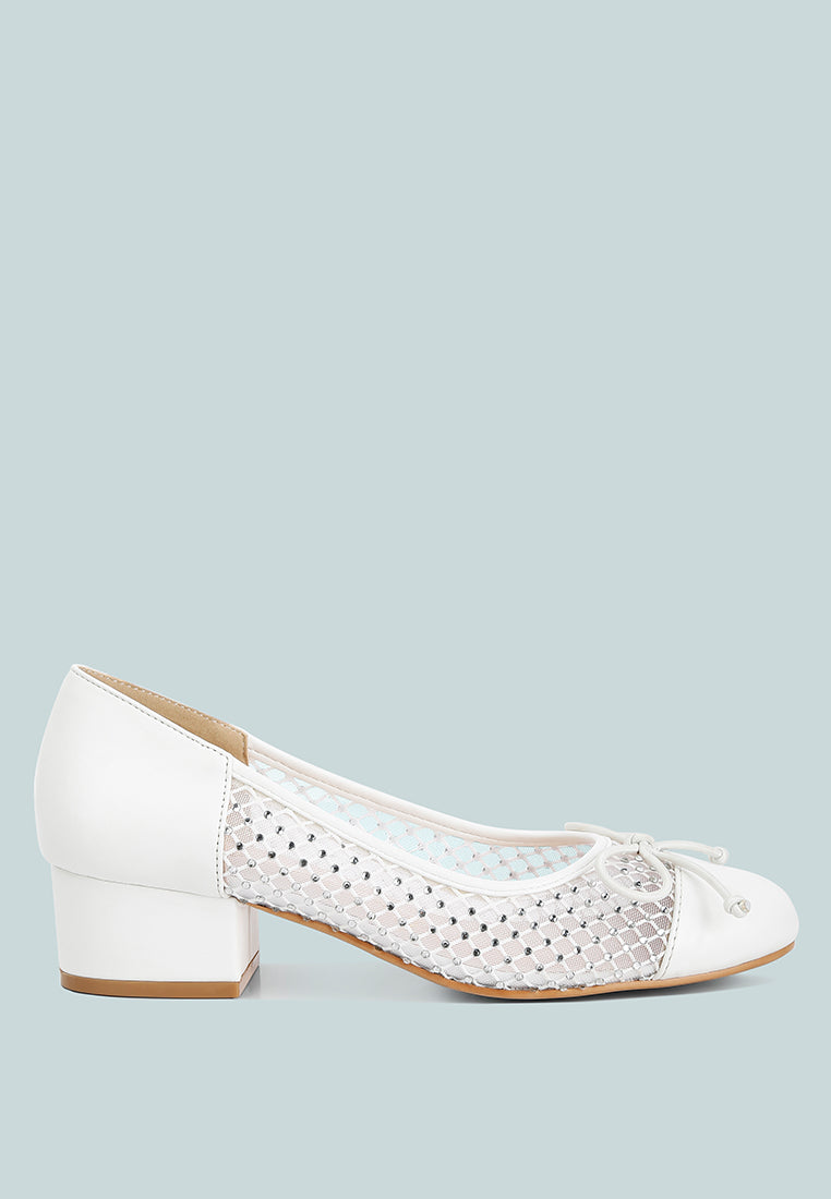 White rhinestone mesh ballerinas with bow detail, low block heel, closed round toe