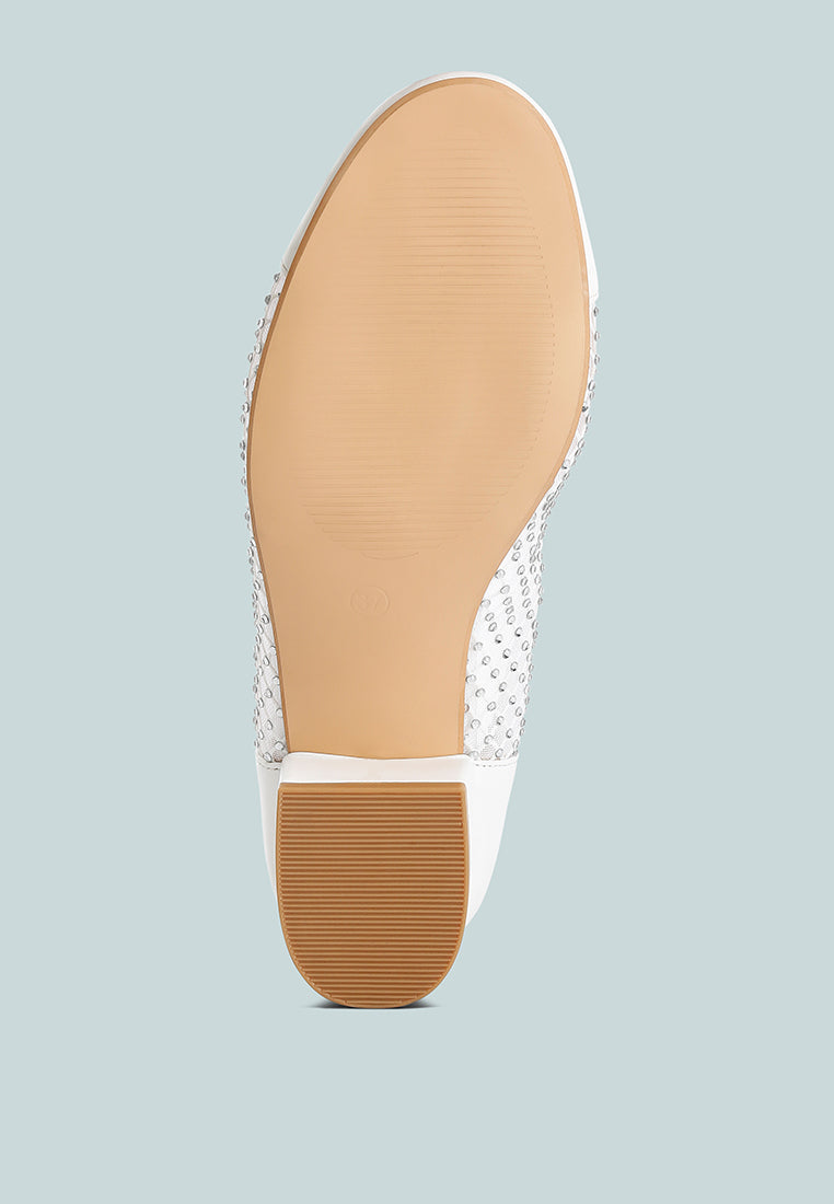 White mesh ballerina flats with rhinestone trim and bow detail