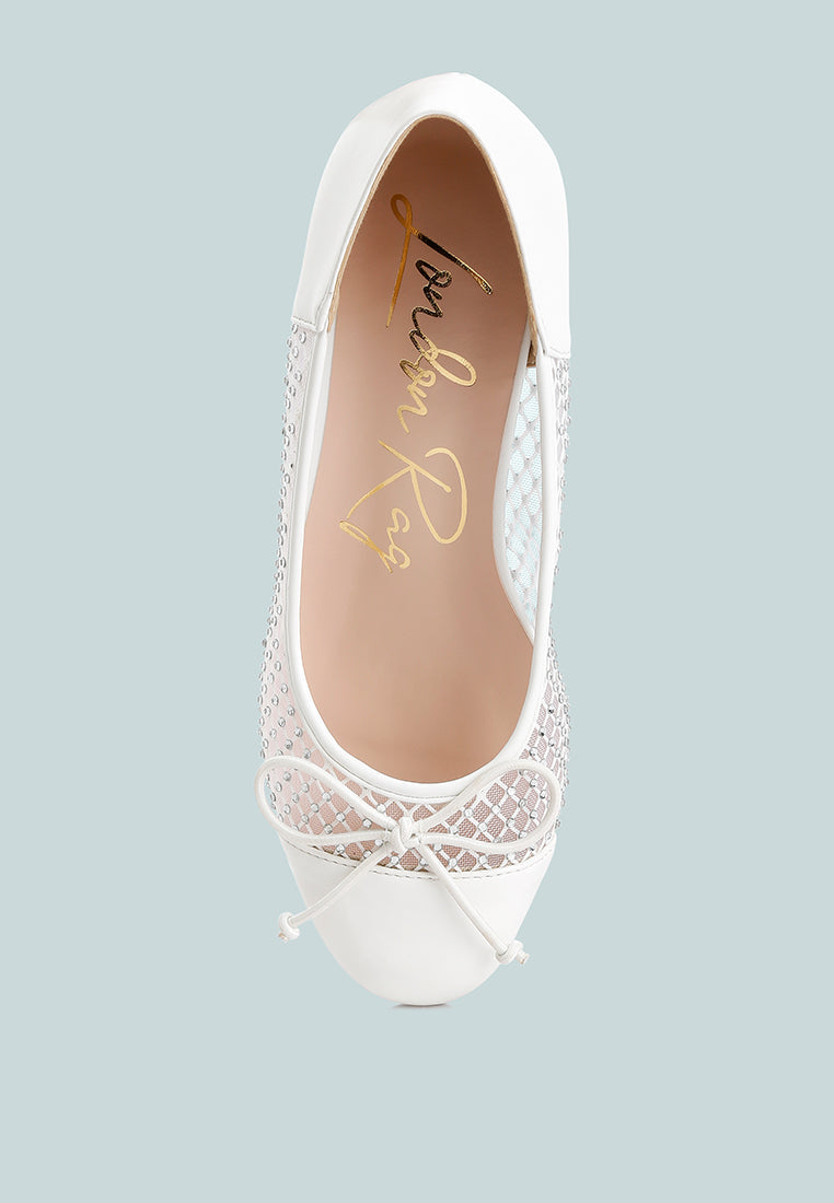 White ballerinas top view inside: rhinestone mesh upper with lace bow, closed round toe