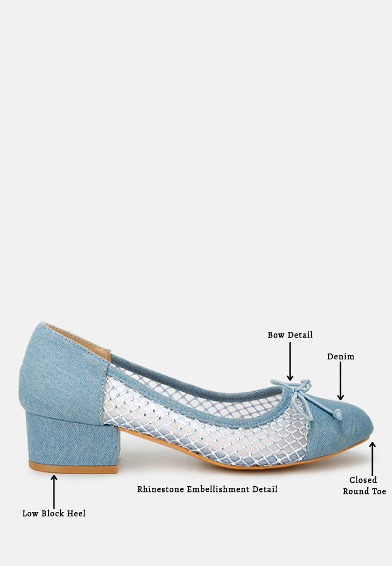 Denim ballerinas with bow detail, rhinestone embellishment, low block heel, round closed toe