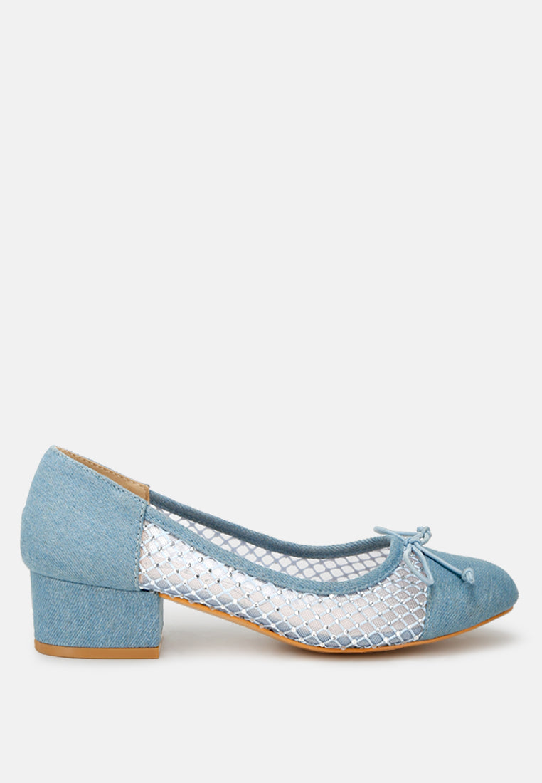 Denim ballerina heels with rhinestone-embellished mesh panel and bow at toe