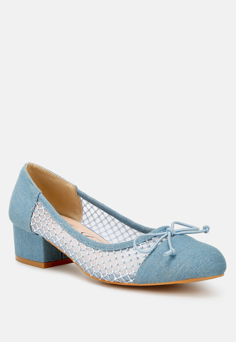 Denim ballerina with rhinestone mesh upper, lace-up bow detail, low block heel