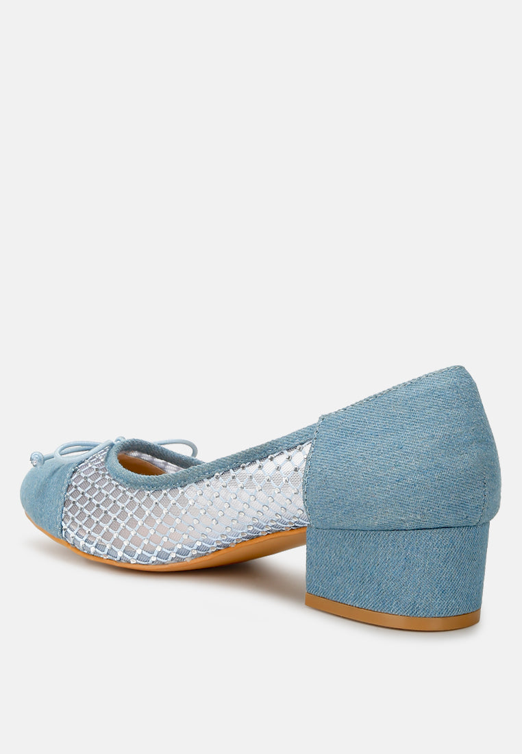 Denim ballerina with rhinestone mesh vamp and matching block heel, round closed toe