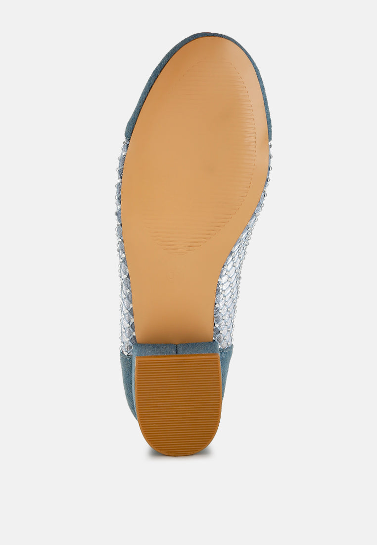 Denim ballerina bottom view with textured sole and covered block heel