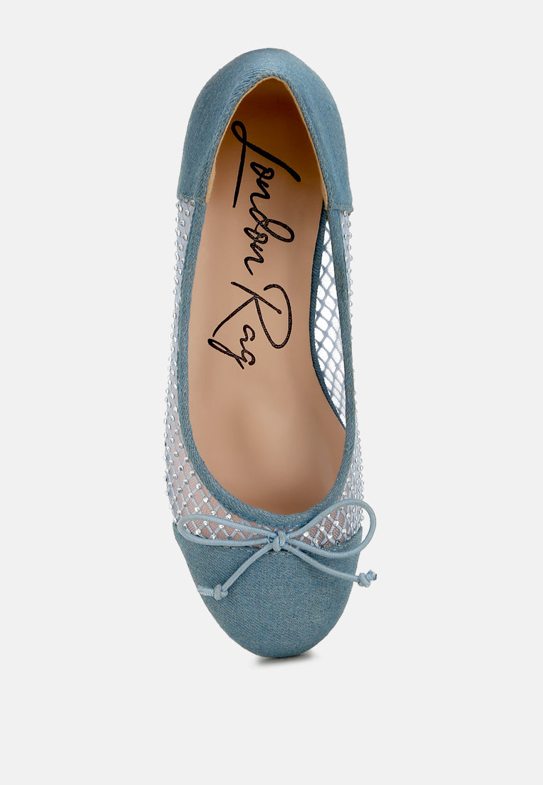 Denim ballerina with rhinestone mesh overlay and bow at front, round toe