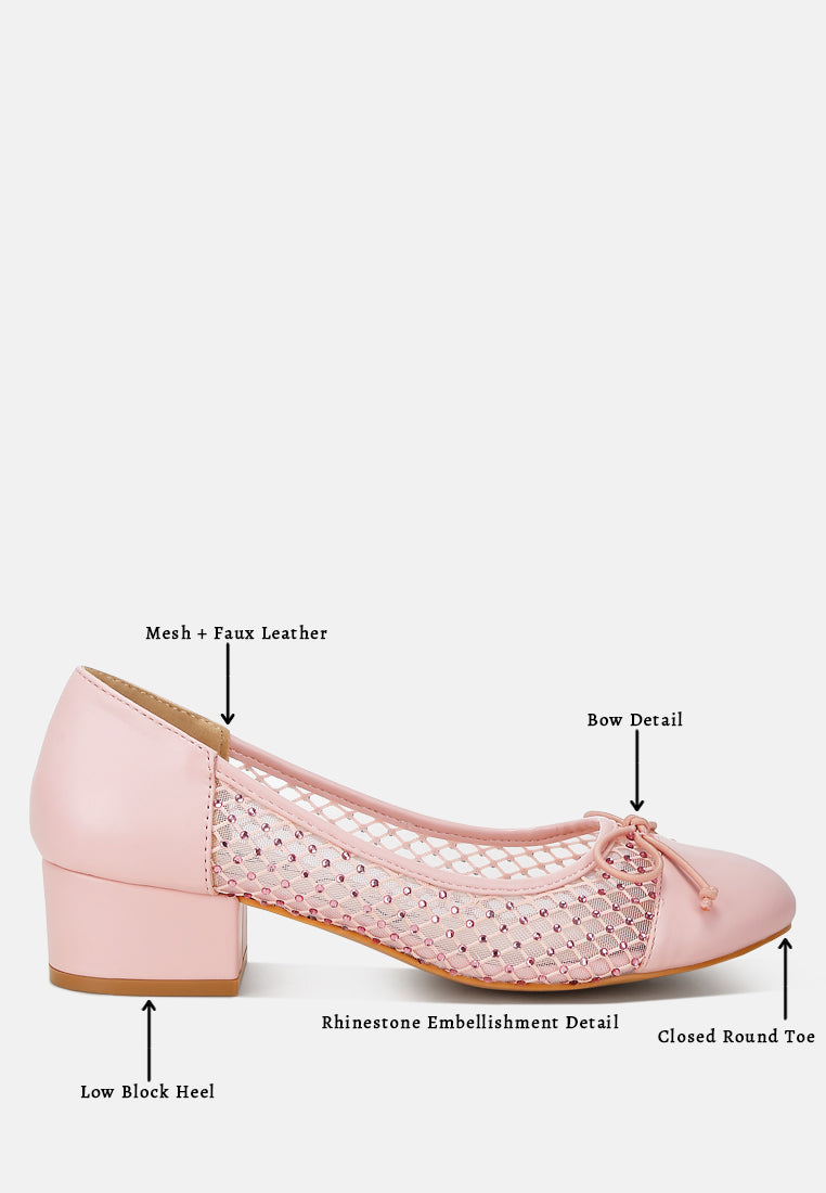 Pink rhinestone mesh ballerina flats with bow detail and low block heel