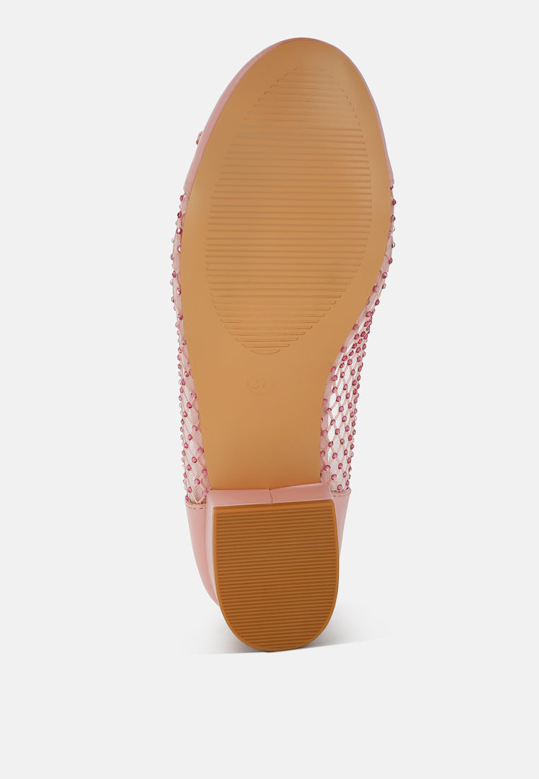 Pink mesh ballerina flats sole and heel view with rhinestone trim