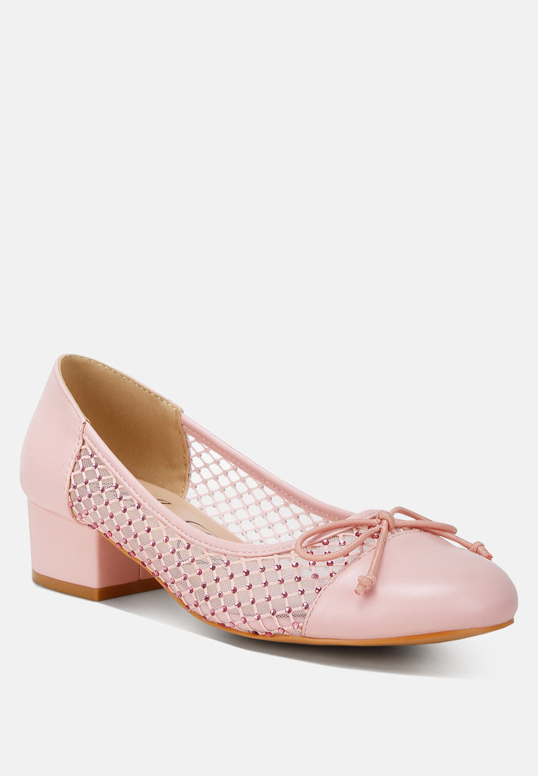 Pink ballet flats with rhinestone mesh toe and low block heel