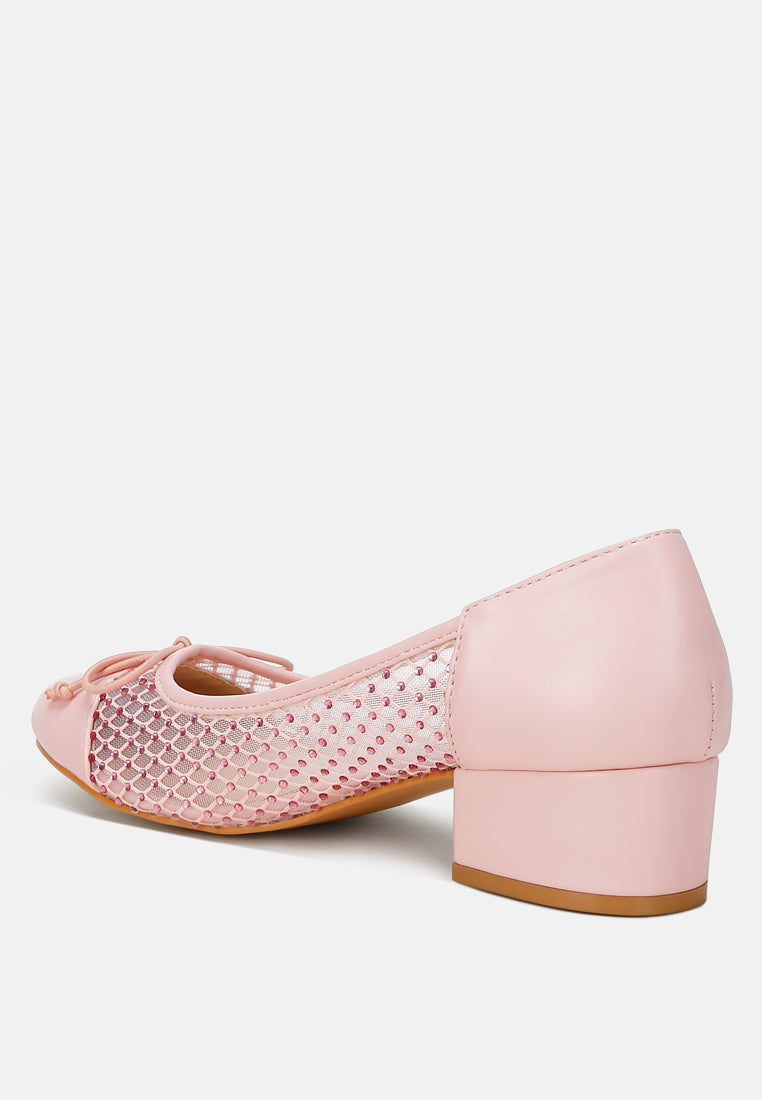Pink ballerina flats rear view with rhinestone mesh and low block heel