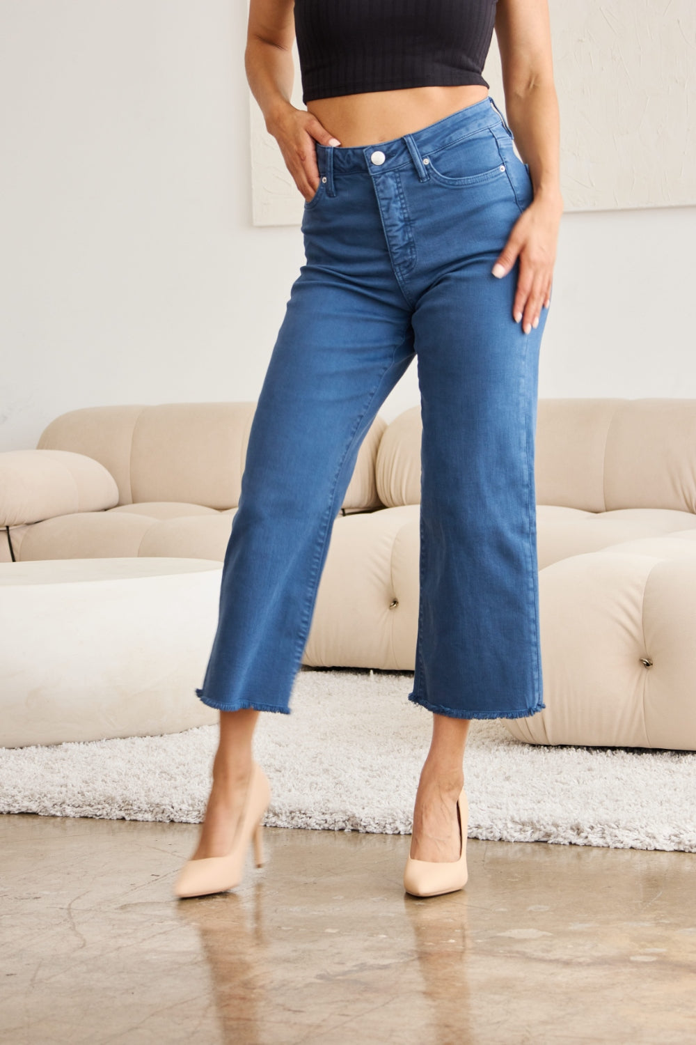 Tummy Control High Waist Raw Hem Jeans - Tigbul's Variety Fashion Shop