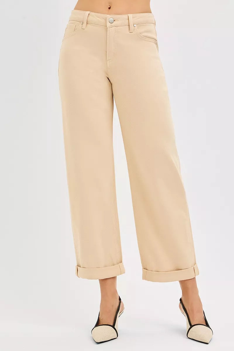 Butter Milk mid-rise barrel relaxed trousers, tummy control fit, ankle length cuff