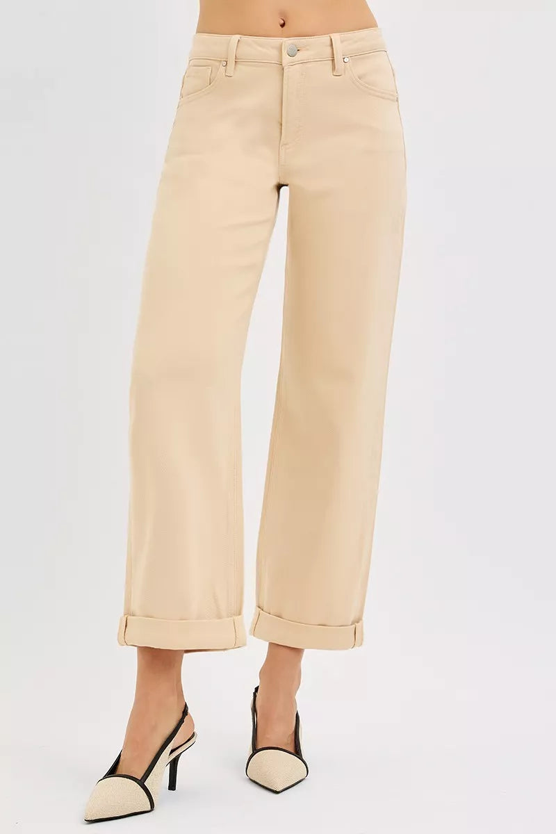 Butter Milk mid-rise relaxed baggy jeans with button fly, ankle cuff hem