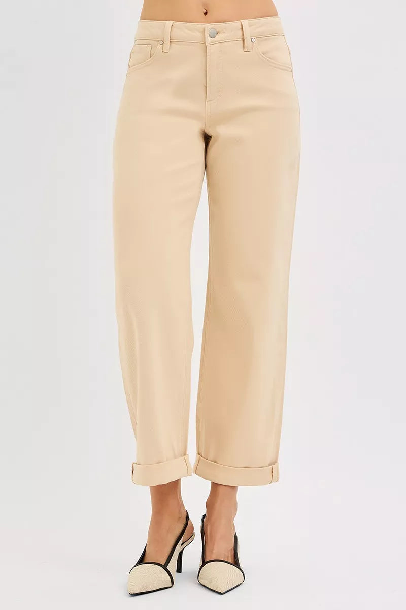 Butter Milk mid-rise barrel relaxed pants, back view with patch pockets and cuff
