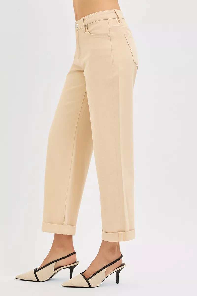 Butter Milk mid-rise baggy barrel pants, side profile with stitching and ankle cuff