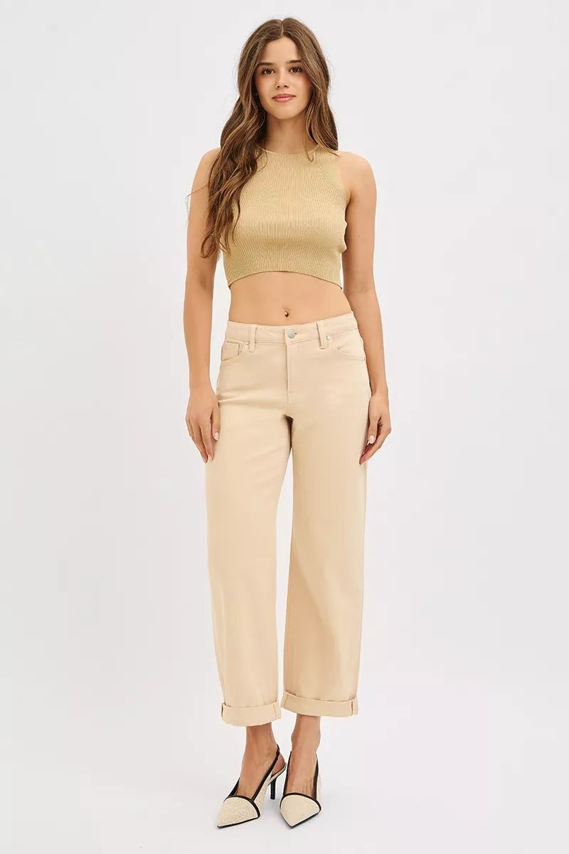 Trendsi Butter Milk mid-rise relaxed barrel trousers on model, ankle length with cuff