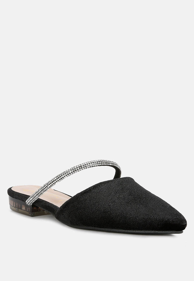 Black pointed-toe flat mule with diamante sling strap and textured heel